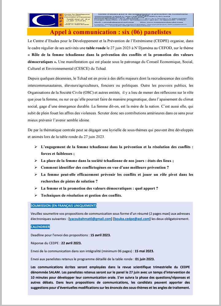 Table ronde sur le rôle de la Femme dans la prévention des conflits: Appel à communication
