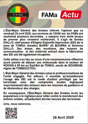 Mali, les FAMa ont neutralisé plusieurs terroristes, y compris trois chefs Mali, les FAMa ont neutralisé plusieurs terroristes, y compris trois chefs
