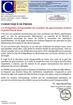 Les déclarations des membres du gouvernement mettent en péril l'État de droit au Tchad Les déclarations des membres du gouvernement mettent en péril l'État de droit au Tchad