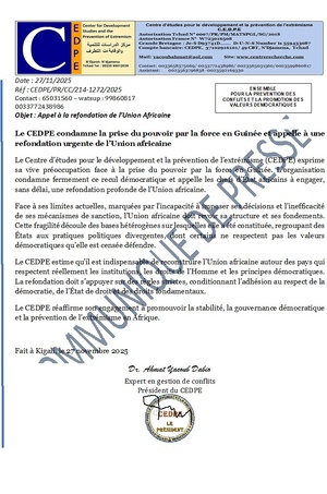 Le CEDPE condamne la prise du pouvoir par la force en Guinée et appelle à une refondation urgente de l’Union africaine Le CEDPE condamne la prise du pouvoir par la force en Guinée et appelle à une refondation urgente de l’Union africaine