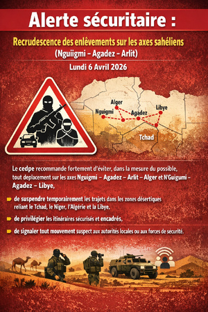 Alerte sécuritaire : recrudescence des enlèvements sur les axes sahéliens (Nguiguimi – Agadez – Arlit)** Alerte sécuritaire : recrudescence des enlèvements sur les axes sahéliens (Nguiguimi – Agadez – Arlit)**