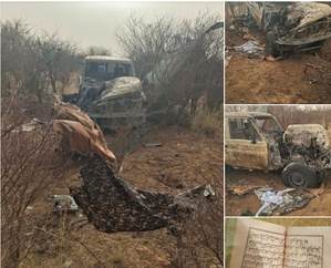 Au Mali, la destruction de plusieurs véhicules pick-up, les vestiges d'un campement de campagne