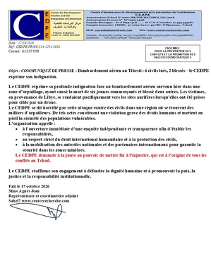 Tchad: Bombardement aérien au Tibesti : 6 civils tués, 2 blessés – le CEDPE exprime son indignation. 