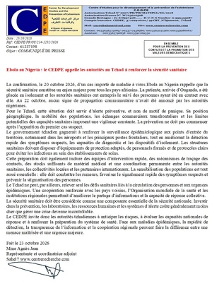 Ebola au Nigeria : le CEDPE appelle les autorités au Tchad à renforcer la sécurité sanitaire Ebola au Nigeria : le CEDPE appelle les autorités au Tchad à renforcer la sécurité sanitaire