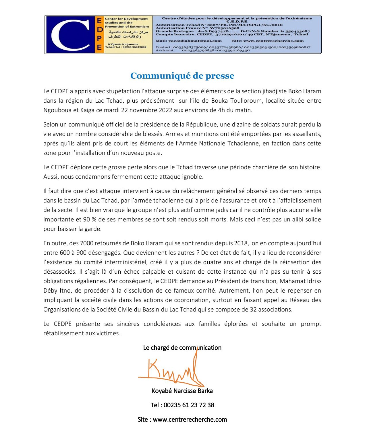 Réaction du CEDPE suite à l'attaque jihadjiste du 22 novembre 2022.