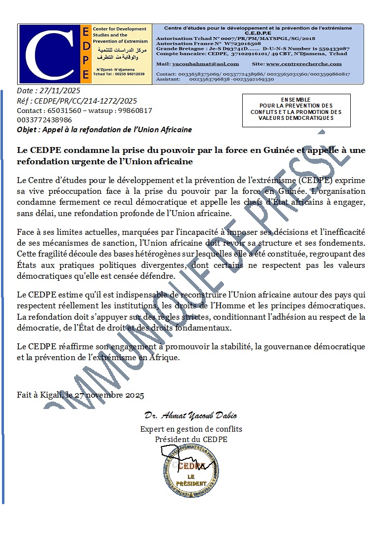 Le CEDPE condamne la prise du pouvoir par la force en Guinée et appelle à une refondation urgente de l’Union africaine