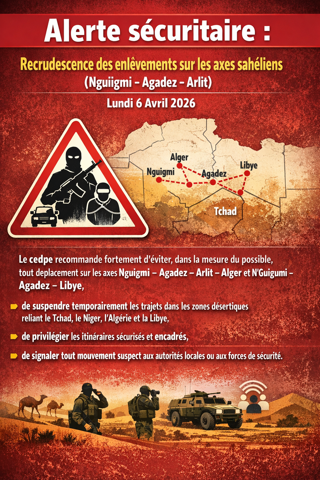 Alerte sécuritaire : recrudescence des enlèvements sur les axes sahéliens (Nguiguimi – Agadez – Arlit)**
