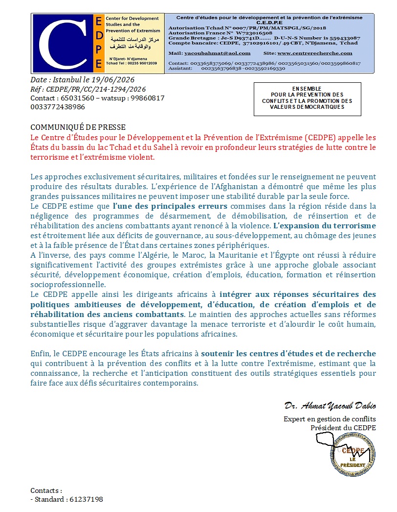 "Les États du bassin du lac Tchad et du Sahel doivent revoir leurs stratégies de lutte contre le terrorisme", CEDPE