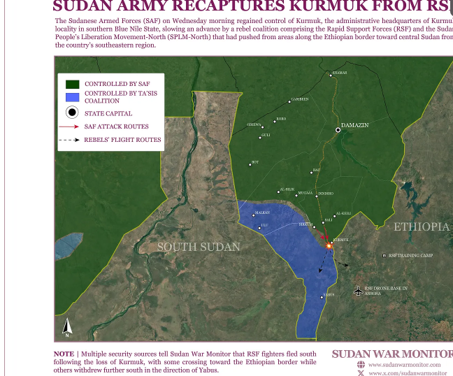Les Forces armées soudanaises (SAF) ont repris le contrôle de la ville de Kurmuk dans le sud du Nil bleu