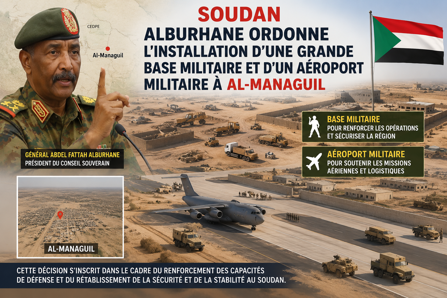 Soudan, Alburhane ordonne l'Installation d’une grande base militaire et d’un aéroport militaire à Al-Managuil