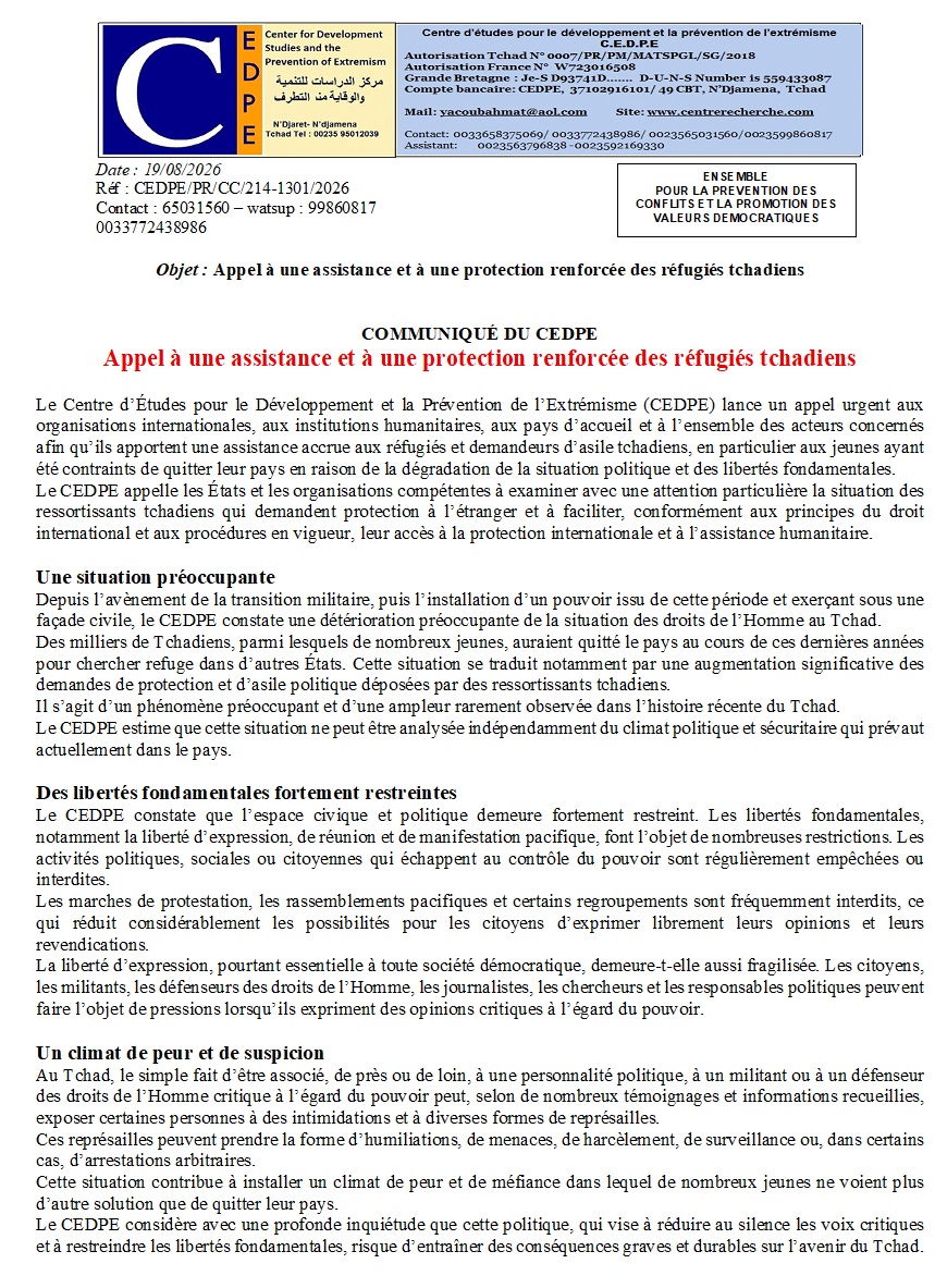 Appel à une assistance et à une protection renforcée des réfugiés tchadiens 
