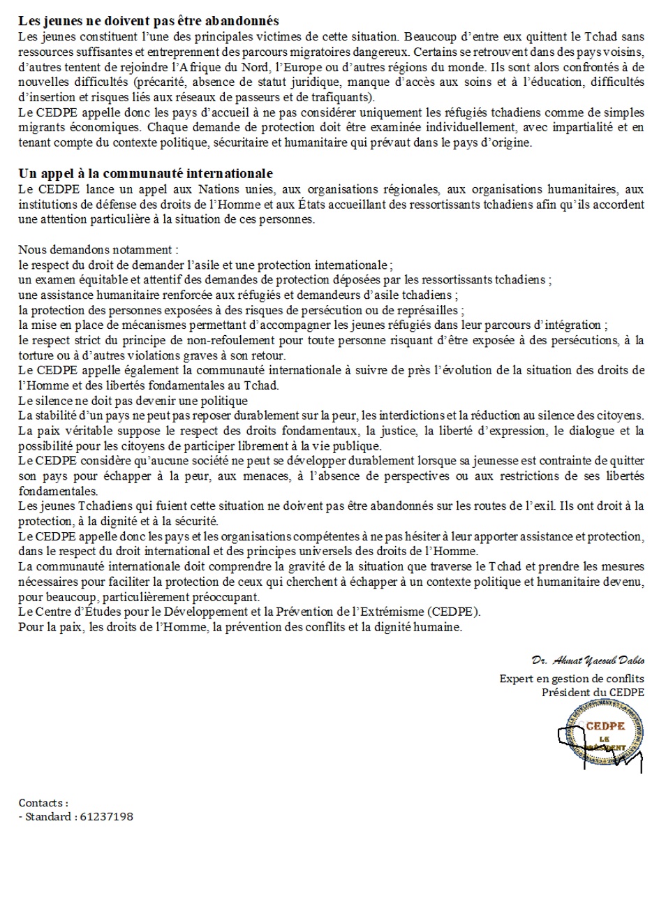 Appel à une assistance et à une protection renforcée des réfugiés tchadiens 