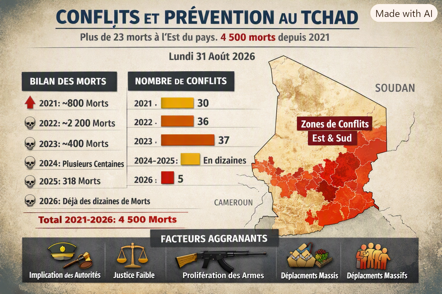 Au Tchad, plus de 23 morts à l'est du pays (4 500 morts depuis 2021 - agences internationales).