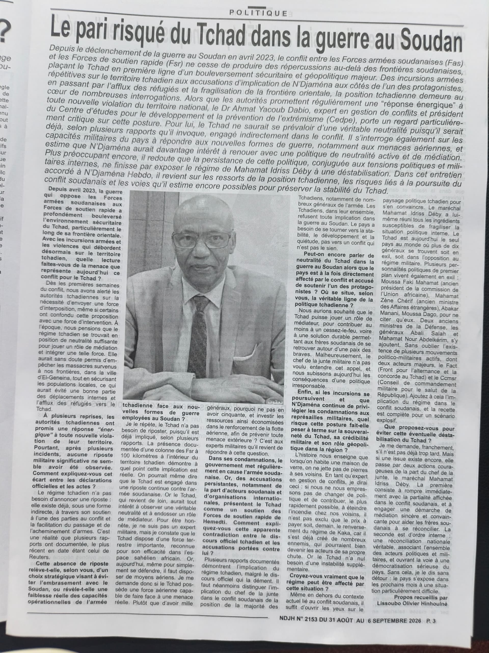 "Je me demande, franchement, s'il n'est pas déjà trop tard" Dr. Ahmat Yacoub Dabio, Interview accordée au journal N’Djaména Hebdo