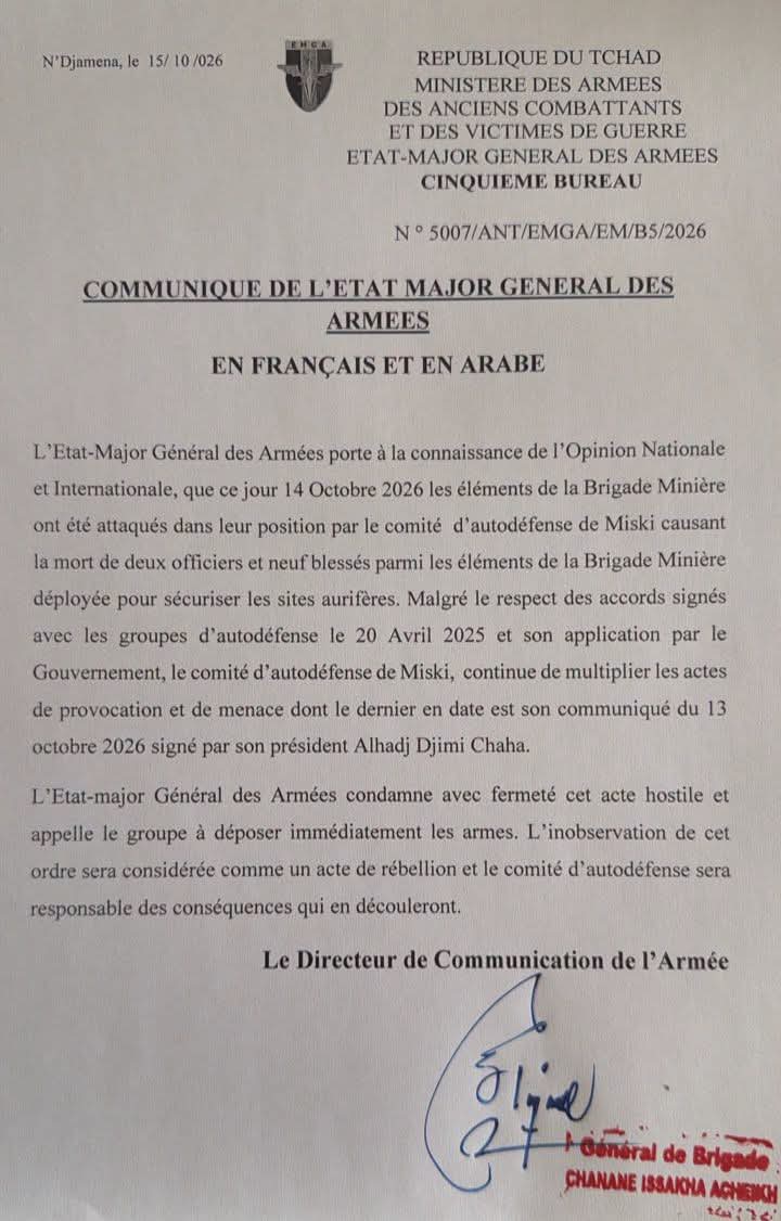 L’armée tchadienne appelle le groupe de Miski à déposer immédiatement les armes