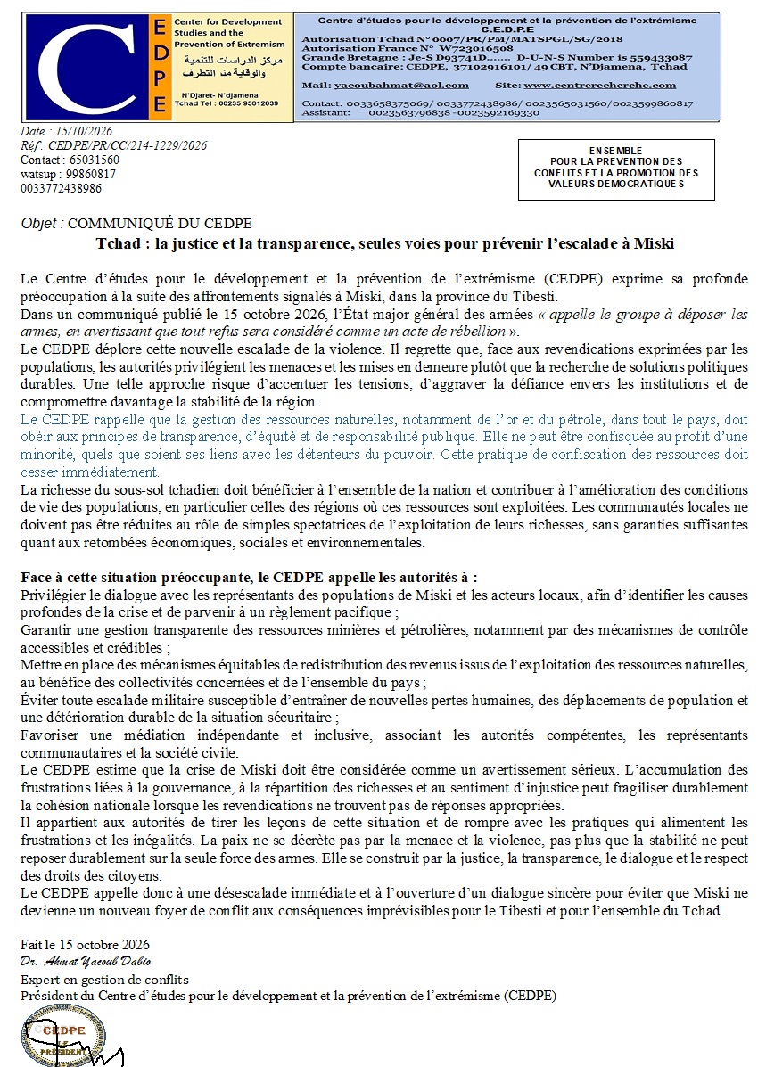 Le CEDPE rappelle que la gestion des ressources naturelles au Tchad doit obéir aux principes de transparence