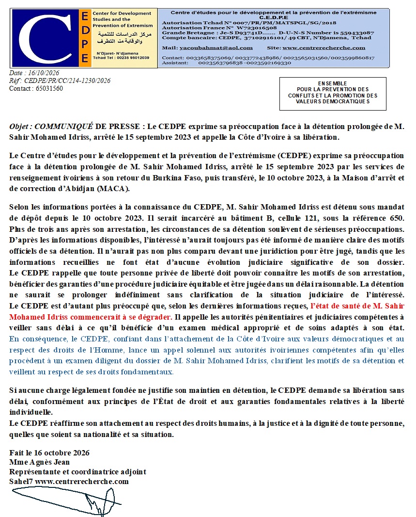 Le CEDPE appelle à la libération de Sahir Mohamed Idriss, détenu depuis septembre 2023 en Côte d’Ivoire