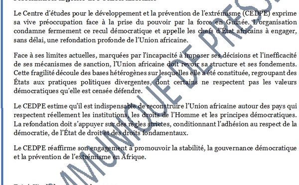 Le CEDPE condamne la prise du pouvoir par la force en Guinée et appelle à une refondation urgente de l’Union africaine