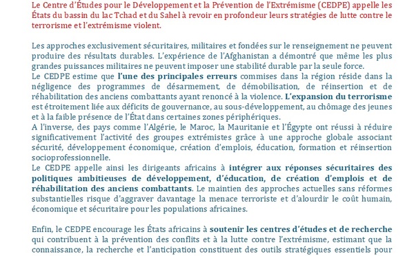 "Les États du bassin du lac Tchad et du Sahel doivent revoir leurs stratégies de lutte contre le terrorisme", CEDPE