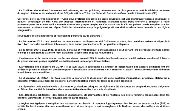 Wakit-Tamma dénonce le retrait du Tchad de la CPI