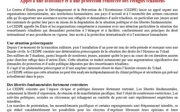Appel à une assistance et à une protection renforcée des réfugiés tchadiens 