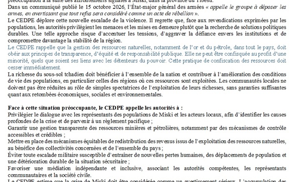 Le CEDPE rappelle que la gestion des ressources naturelles au Tchad doit obéir aux principes de transparence