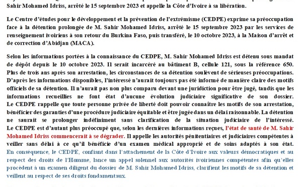 Le CEDPE appelle à la libération de Sahir Mohamed Idriss, détenu depuis septembre 2023 en Côte d’Ivoire