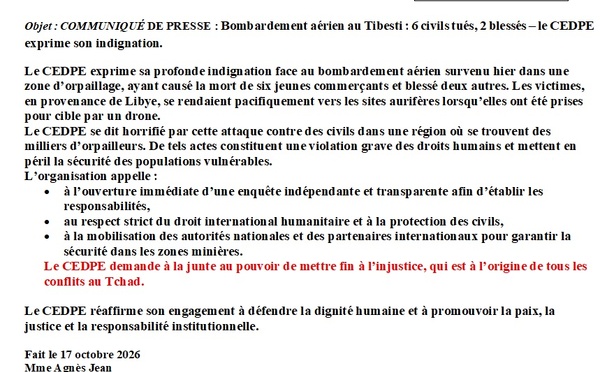 Tchad: Bombardement aérien au Tibesti : 6 civils tués, 2 blessés – le CEDPE exprime son indignation. 
